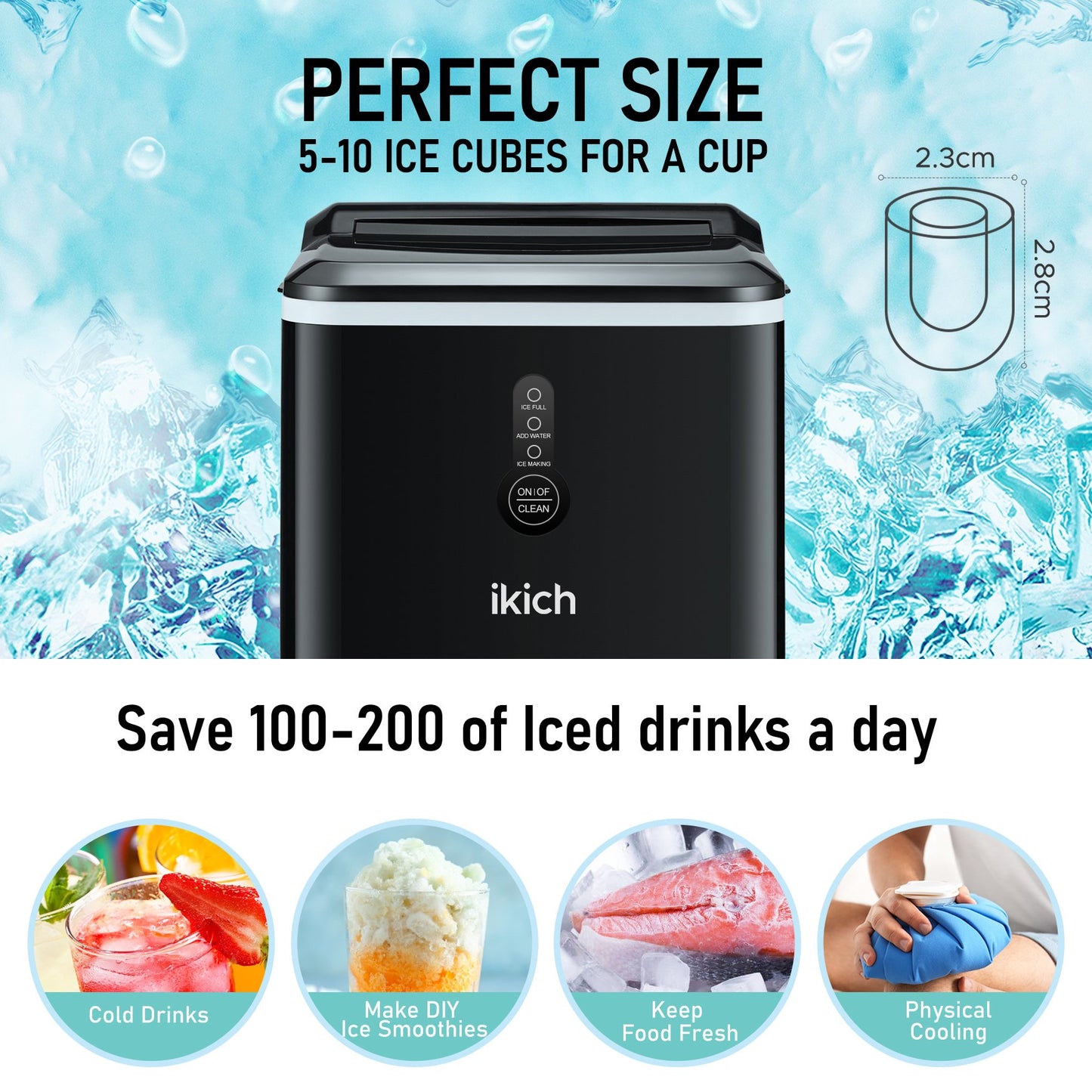 Ikich Portable Countertop Ice Maker with Self-Cleaning/LED Display/Scoop Basket, 26Lbs in 24 hours, 9 Ice Cubes Ready in 7 Mins, Including Scoop and Removable Basket, Perfect for Home/Bar/RV/Party