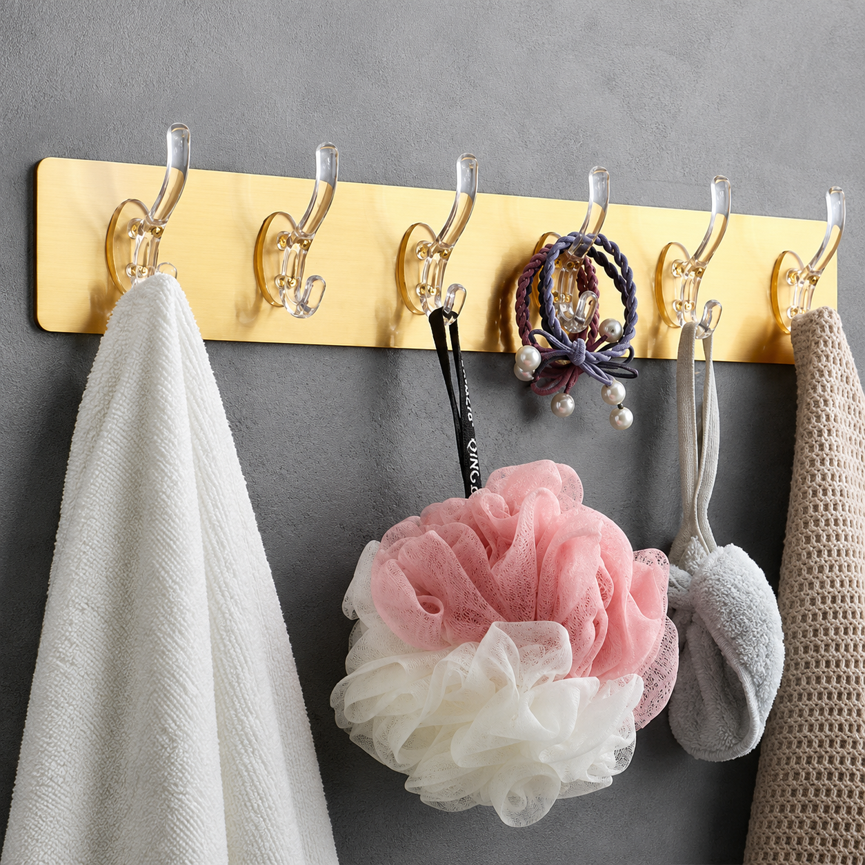 6 Hooks Gold Utility Hooks - Durable Waterproof Material, Supports Up To 10kg | Elegant Design, Easy No-drill Installation, Space-saving Storage