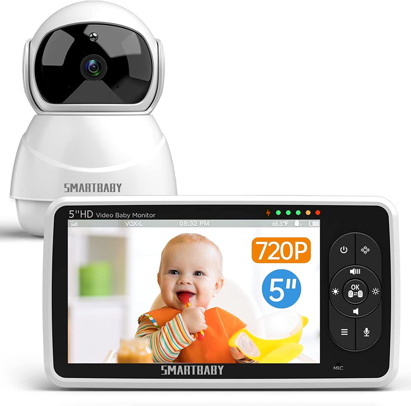 SmartBaby Baby Monitor - 720P 5" HD Display Video Baby Monitor with Camera and Audio,Auto Noise Cancellation, 4X Pan-Tilt Zoom ,4000mah Battery,Night Vision, Temperature Display, Lullabies, 960ft Range SM510
