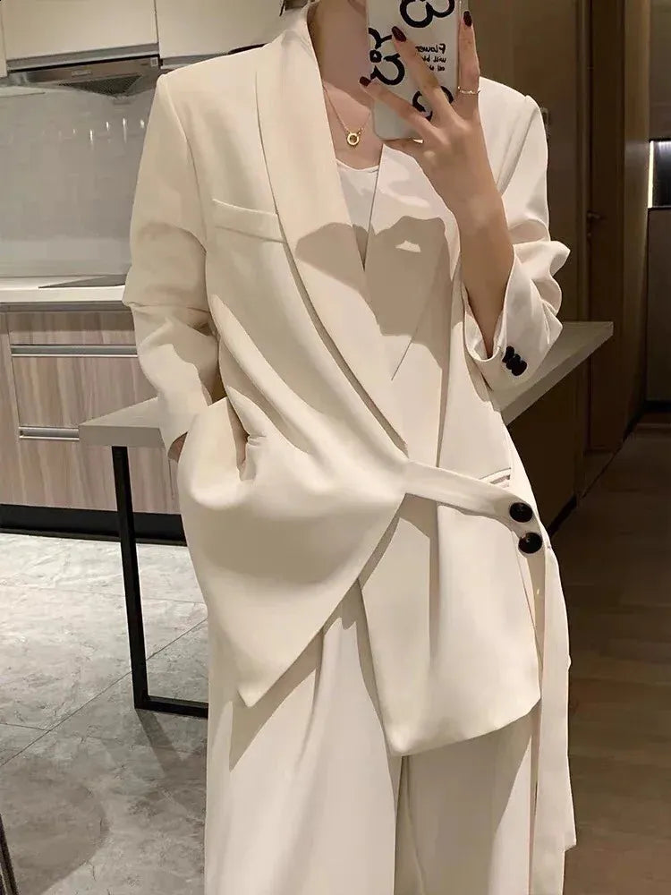 Office Lady Blazer Belt Pant Suits Womens Pantsuit Korean Version Notched Baggy Pants Autumn Elegant Euality Chic Women Outfit 240809