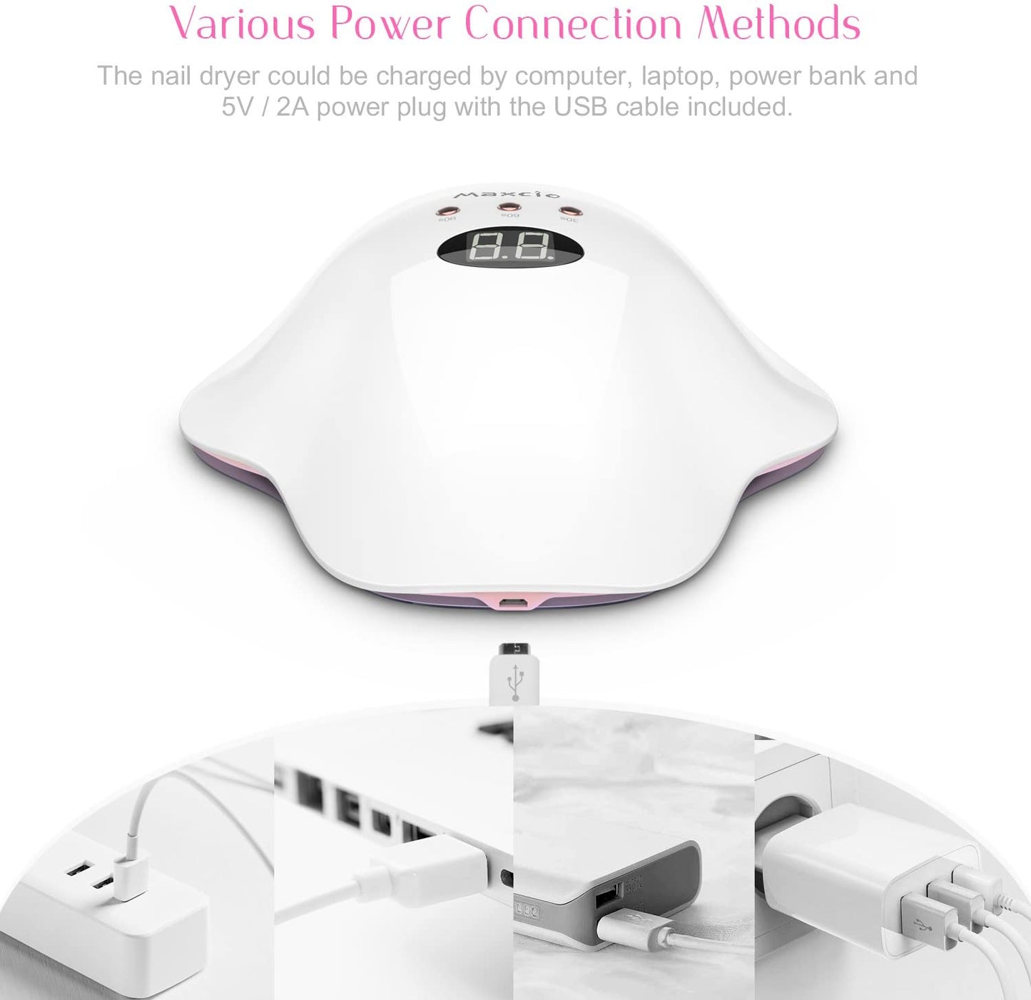مجفف أظافر Maxcio UV LED لطلاء الجل مع مؤقت 30/60/90 ثانية، شاشة LCD، قاعدة قابلة للإزالة، مصدر طاقة USB ومستشعر ذكي (24 واط)