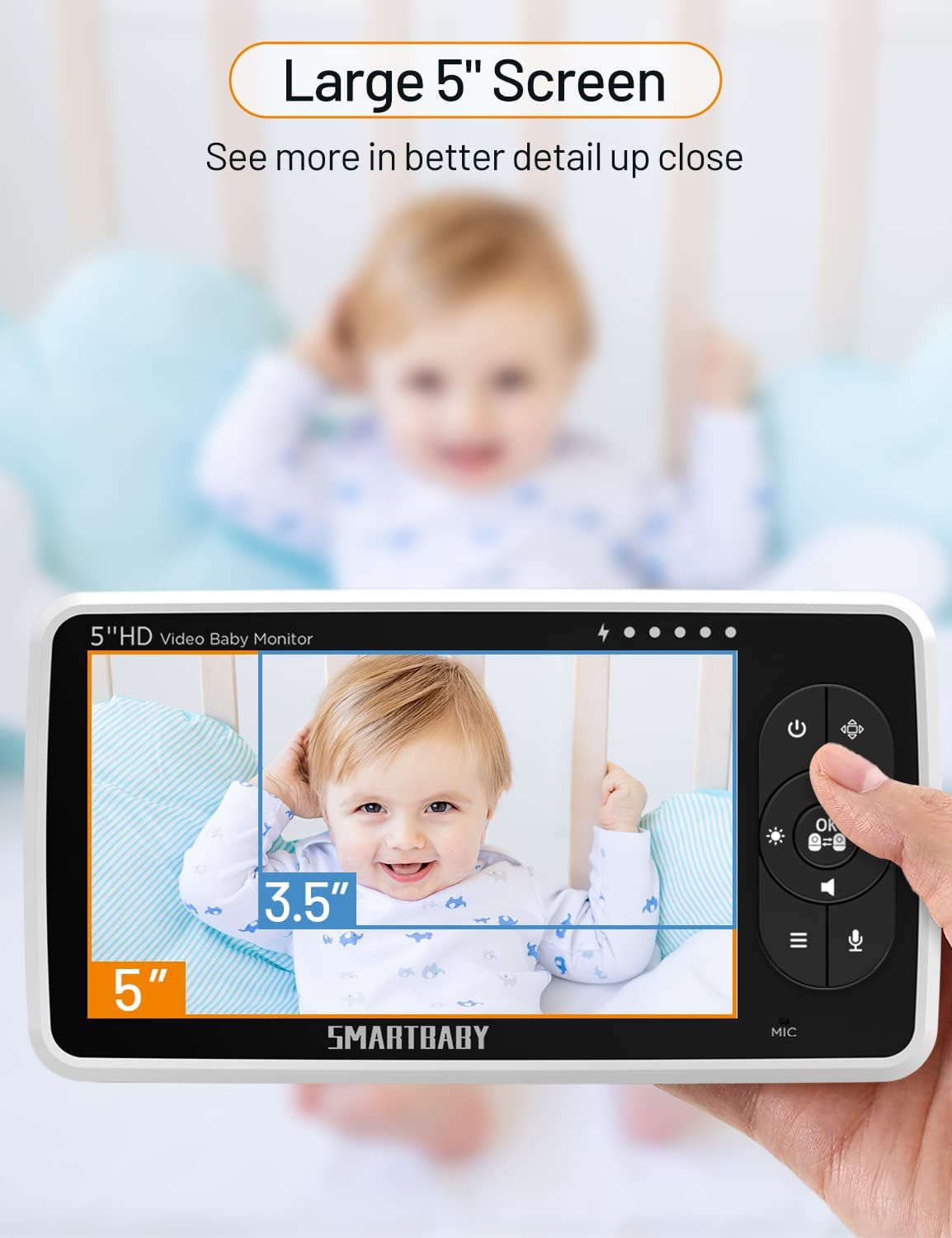 SmartBaby Baby Monitor - 720P 5" HD Display Video Baby Monitor with Camera and Audio,Auto Noise Cancellation, 4X Pan-Tilt Zoom ,4000mah Battery,Night Vision, Temperature Display, Lullabies, 960ft Range SM510