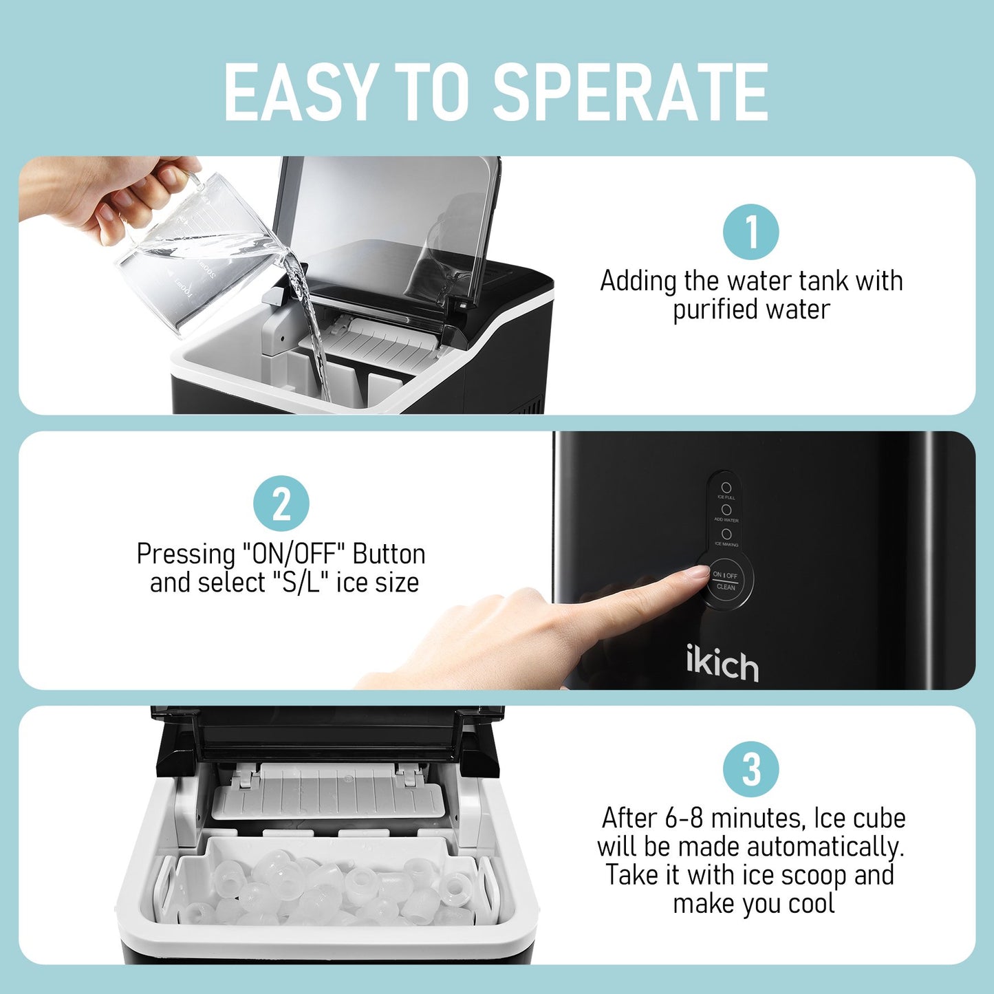 Ikich Portable Countertop Ice Maker with Self-Cleaning/LED Display/Scoop Basket, 26Lbs in 24 hours, 9 Ice Cubes Ready in 7 Mins, Including Scoop and Removable Basket, Perfect for Home/Bar/RV/Party