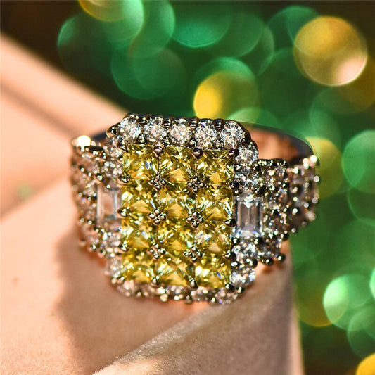 Female Crystal Yellow Stone Ring Brilliant White Gold Filled Promise Engagement Rings For Women