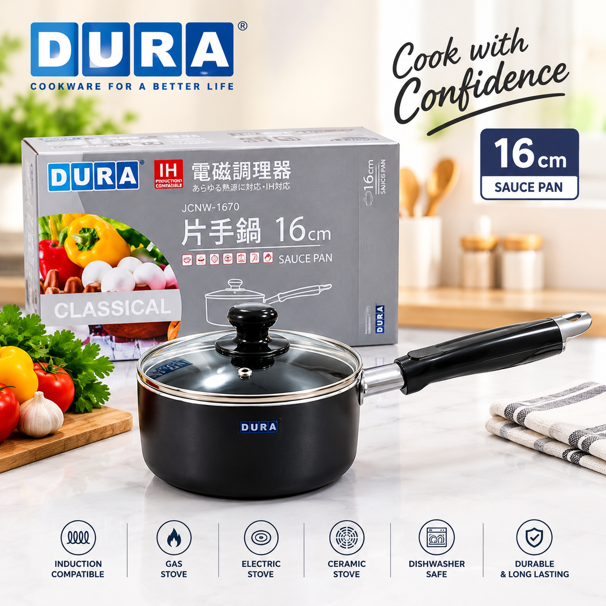 DURA Classical 16cm Non-Stick Sauce Pan with Glass Lid – Induction Compatible Cookware (Model JCNW-1670)