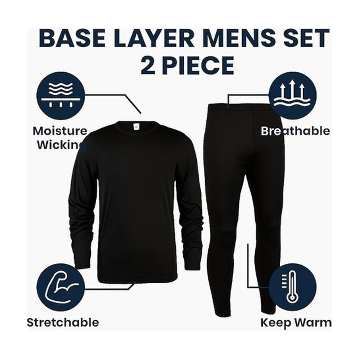 Polar Extreme Heat Men's Brushed Thermal Base Layer 2 Piece Set – Black Long Sleeve Top & Long Johns Bottom | Warm Fleece Lined Winter Thermal Underwear for Cold Weather, Skiing, Hiking & Outdoor – Size M