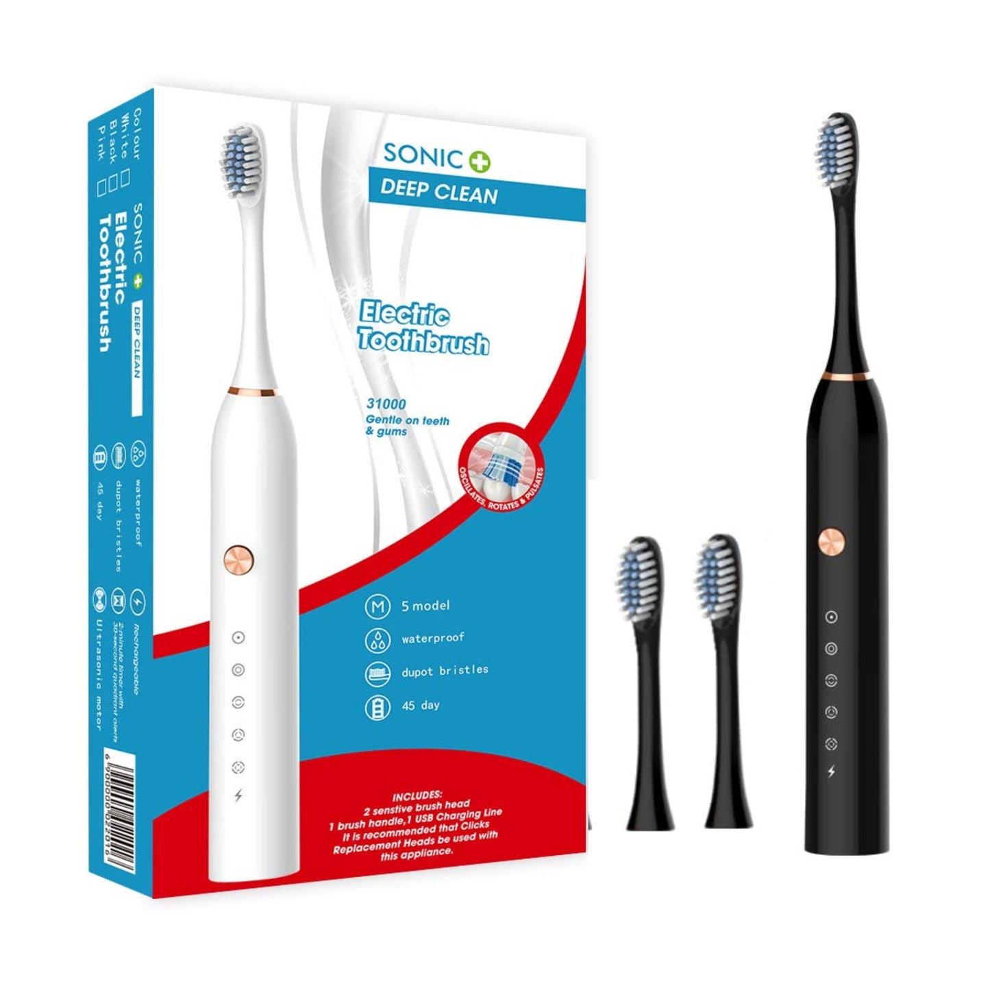 Sonic Electric Toothbrush for Adults, with 2 Replacement Brush Tip,Soft Dupont Nylon Bristles,Switchable 5 Vibration Modes,USB Rechargable,30 Days Long Standby