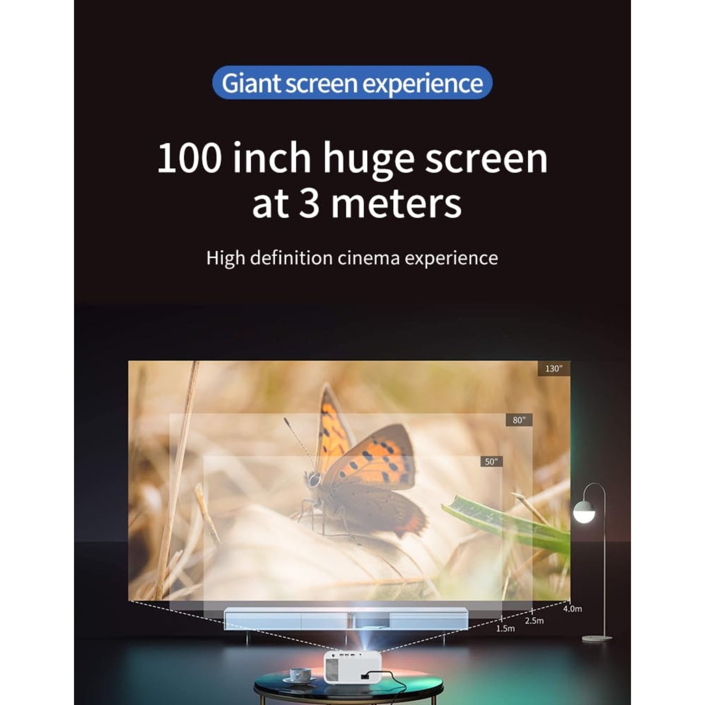 CY900 Smart Projector, Full HD 1080P, 4K Supported, Android 9, Electronic Focus, Auto Keystone, 300 ANSI Lumens, Dual WiFi, HDR Audio, Bluetooth, 58W Speaker, HDMI, USB, AV Port (White)