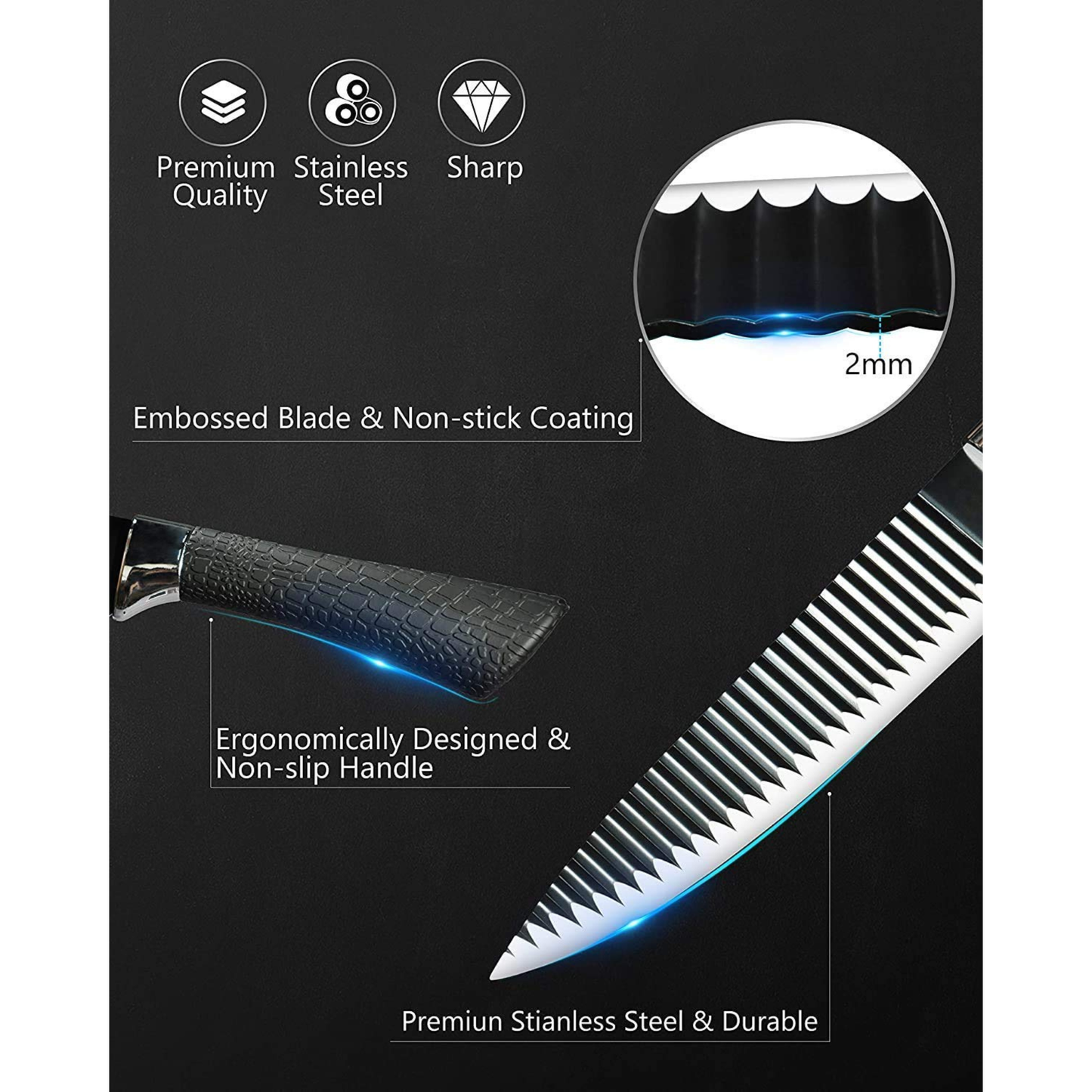 EVERIERH 6 Pieces Black Knife Set, Stainless Steel and Non-Stick Blades, Including Peeler and Scissor, Kitchen Cutlery Knives Set, Cooking Utensil Sets, Daily Use with Gift Box