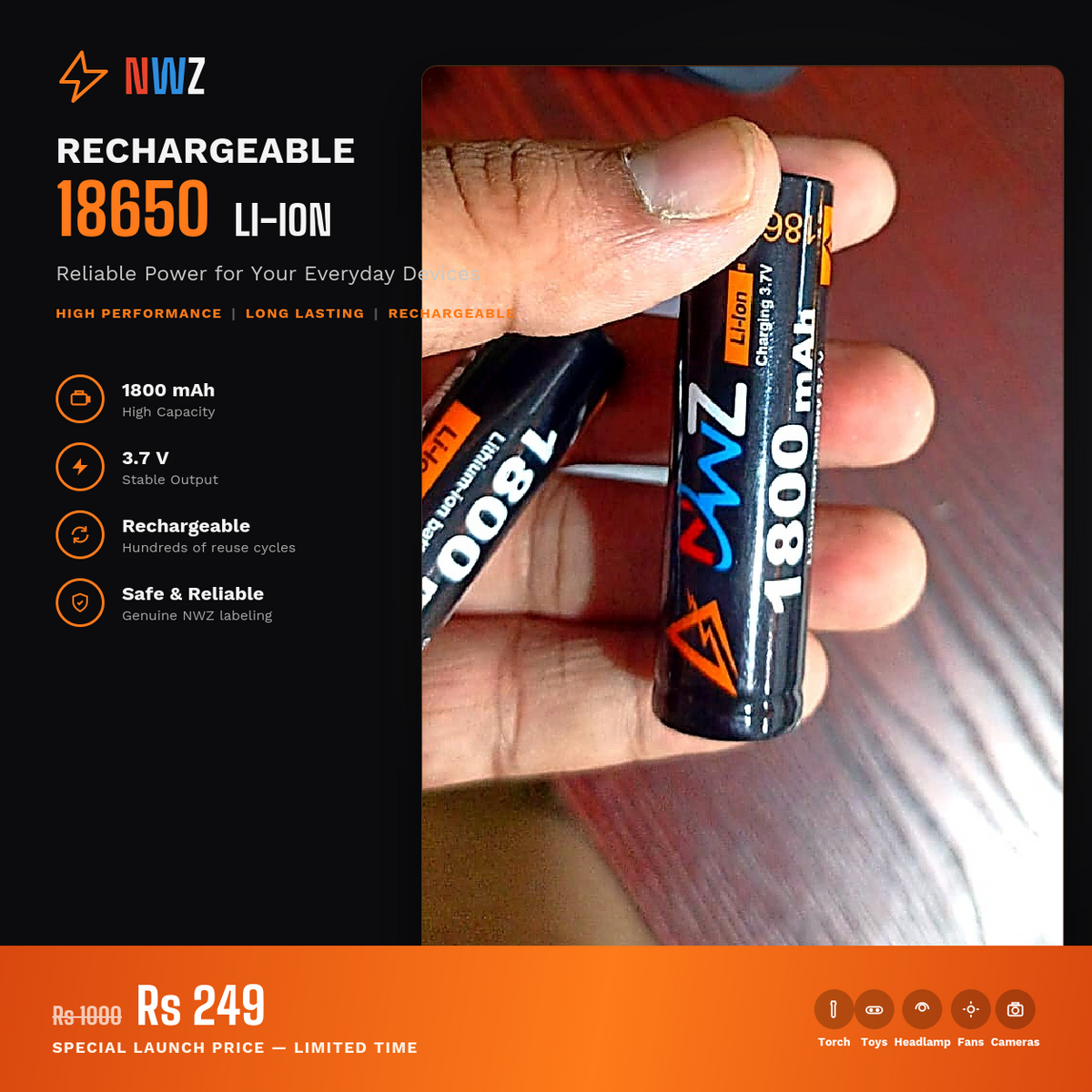 NWZ 18650 Rechargeable Li-Ion Battery – 1800mAh 3.7V High Capacity Lithium Battery for Flashlight, Torch, Power Bank & Electronics
