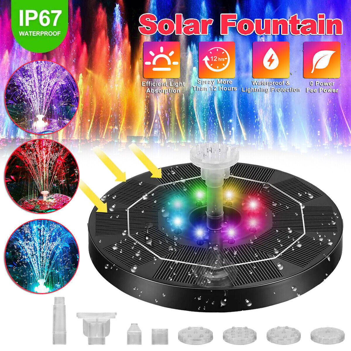 نافورة مياه صغيرة تعمل بالطاقة الشمسية LED RGB، بطارية 1500 مللي أمبير/ساعة، نافورة شلال لحمام السباحة والبركة، ديكور خارجي للحديقة، حمام طيور، نافورة مياه عائمة تعمل بالطاقة الشمسية، منتجات إضاءة