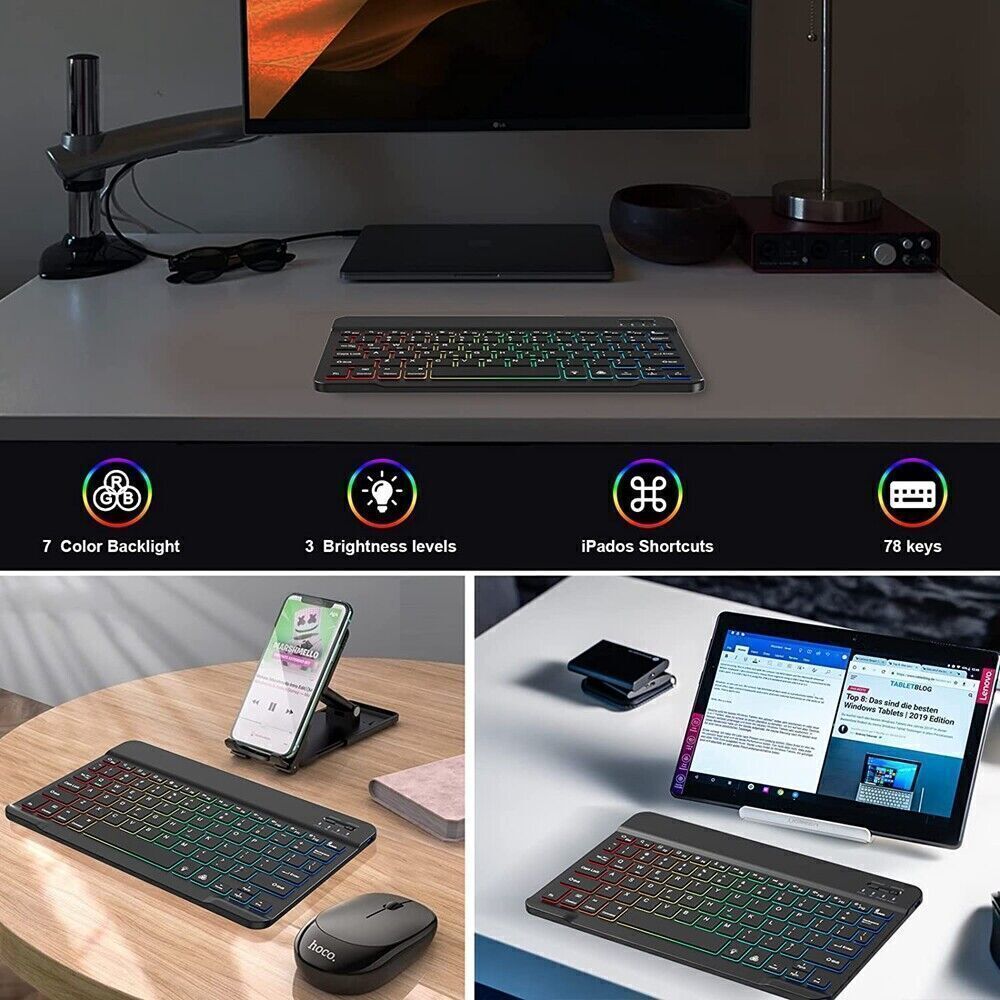 RGB Backlit Wireless Bluetooth Keyboard for Apple iPad iPhone Samsung Tablet Phone Smartphone iOS Android Windows (10 inch Black) Ultra Slim Portable Mini Keyboard