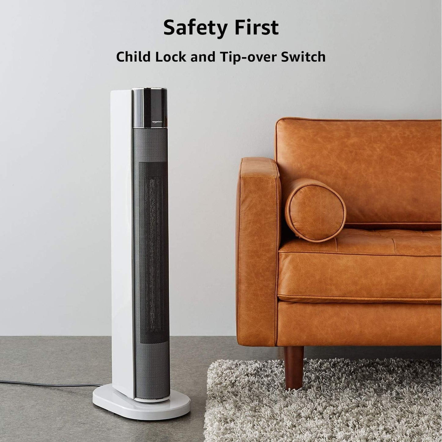 Amazon Basics ECO Oscillating Portable Tower Heater, 2 Fan Speeds, 3 Heat Settings, Timer and Remote Control, with UK plug, 2200W, White