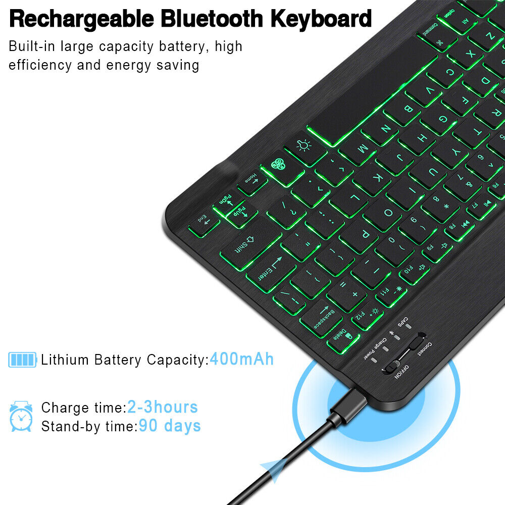 RGB Backlit Wireless Bluetooth Keyboard for Apple iPad iPhone Samsung Tablet Phone Smartphone iOS Android Windows (10 inch Black) Ultra Slim Portable Mini Keyboard