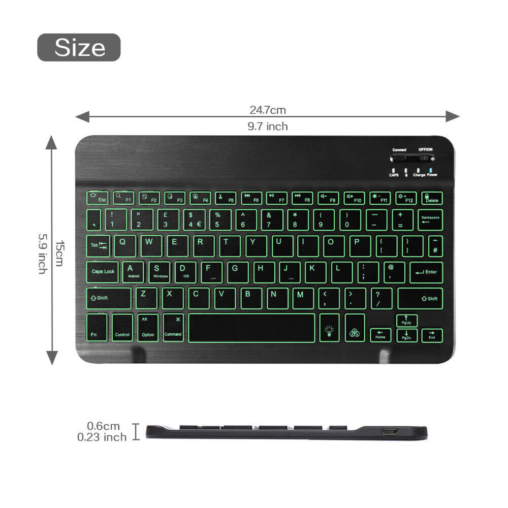 RGB Backlit Wireless Bluetooth Keyboard for Apple iPad iPhone Samsung Tablet Phone Smartphone iOS Android Windows (10 inch Black) Ultra Slim Portable Mini Keyboard