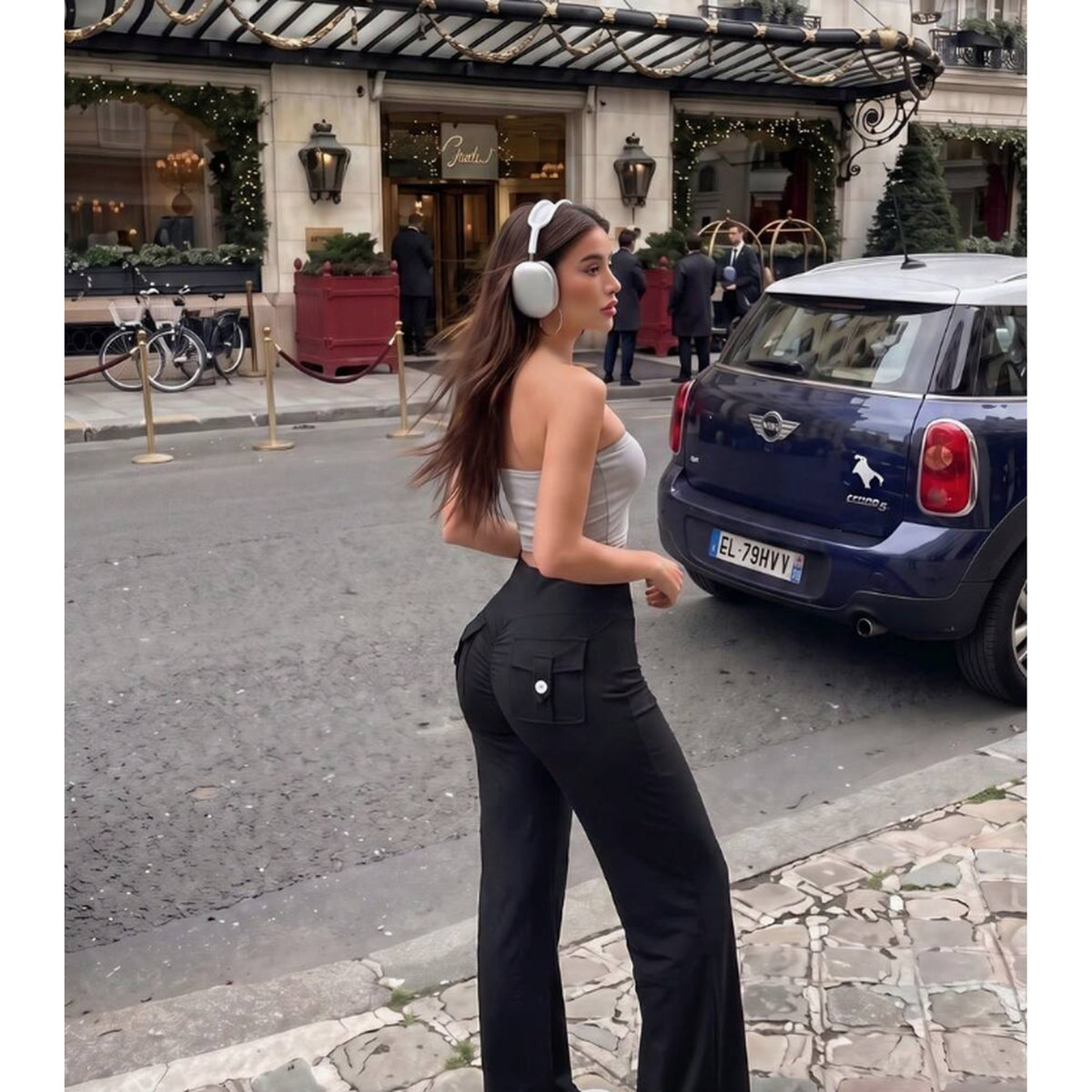 Women's High Waist Wide Leg Flare Yoga Pants – Black Tummy Control Scrunch Butt Lifting Bootcut Trousers with Flap Button Back Pockets | Stretchy Casual Office, Gym & Workout Palazzo Pants – Size L