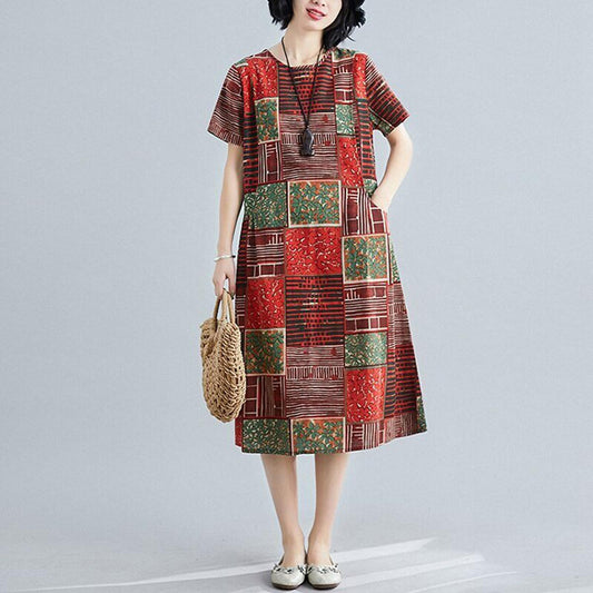 Women's Round Neck Temperament Dress Short-Sleeve Fashion Print Loose Waist Mid-Length Dress