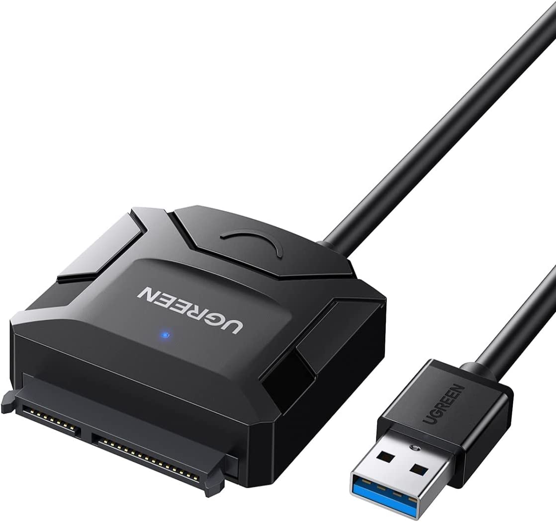 كابل محول UGREEN SATA إلى USB 3.0 لقارئ محركات الأقراص الصلبة SSD/HDD مقاس 3.5 بوصة/2.5 بوصة، يدعم محول محركات الأقراص الصلبة SATA III UASP، متوافق مع Samsung Seagate WD Hitachi مع محول طاقة 12 فولت