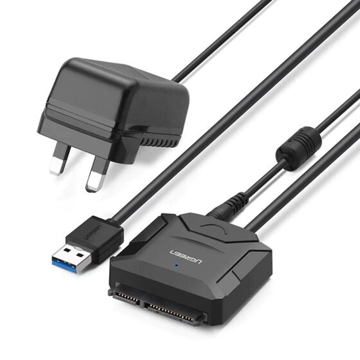 كابل محول UGREEN SATA إلى USB 3.0 لقارئ محركات الأقراص الصلبة SSD/HDD مقاس 3.5 بوصة/2.5 بوصة، يدعم محول محركات الأقراص الصلبة SATA III UASP، متوافق مع Samsung Seagate WD Hitachi مع محول طاقة 12 فولت