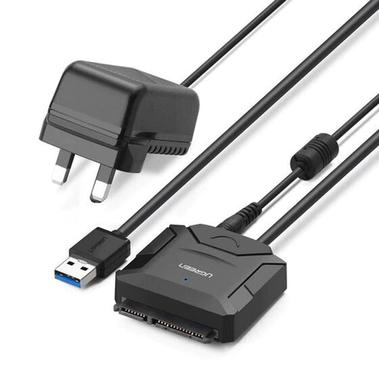 كابل محول UGREEN SATA إلى USB 3.0 لقارئ محركات الأقراص الصلبة SSD/HDD مقاس 3.5 بوصة/2.5 بوصة، يدعم محول محركات الأقراص الصلبة SATA III UASP، متوافق مع Samsung Seagate WD Hitachi مع محول طاقة 12 فولت