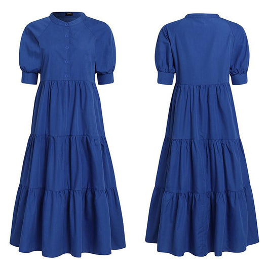 2022 VONDA Summer Women Bohemian Shirt Dress (Royal) Casual O Neck Half Sleeve Solid Long Sundress Beach Party Vestidos Robe