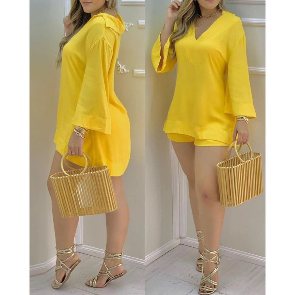 Yellow V-Neck Bell Sleeve Tunic Top & Shorts Set Women Plain Bell Sleeve V-Neck Long Casual Loose Top & Shorts Set Casual Summer Solid Streetwear Suit Sets