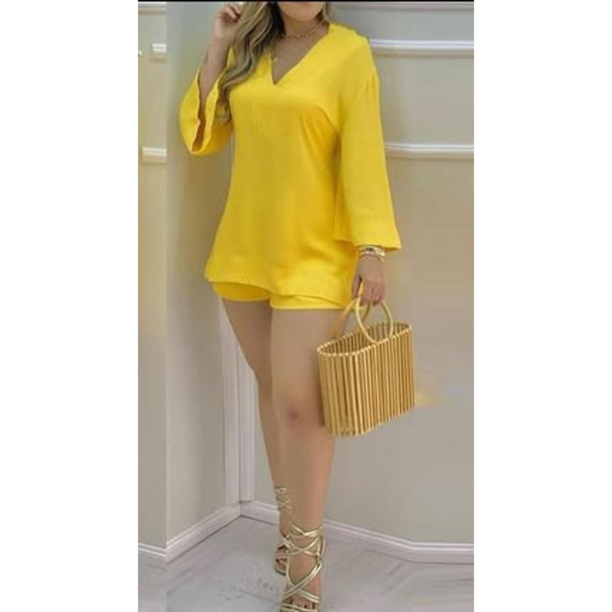 Yellow V-Neck Bell Sleeve Tunic Top & Shorts Set Women Plain Bell Sleeve V-Neck Long Casual Loose Top & Shorts Set Casual Summer Solid Streetwear Suit Sets