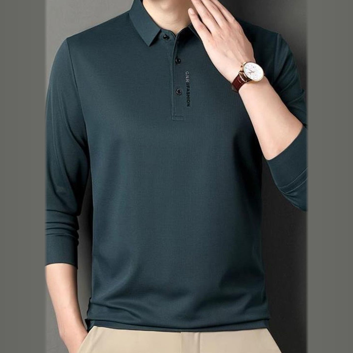 Men's Dark Teal Long Sleeve Polo Shirt – Premium Textured Knit Smart Casual Collared T-Shirt – Office & Everyday Wear – Size L