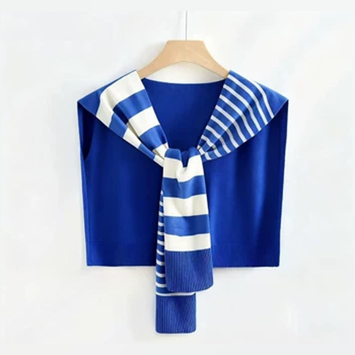 Women's Royal Blue & White Striped Knitted Shoulder Wrap Shawl – Tie-Front Knit Cape Scarf – Layering Accessory for Shirts & Dresses – Free Size