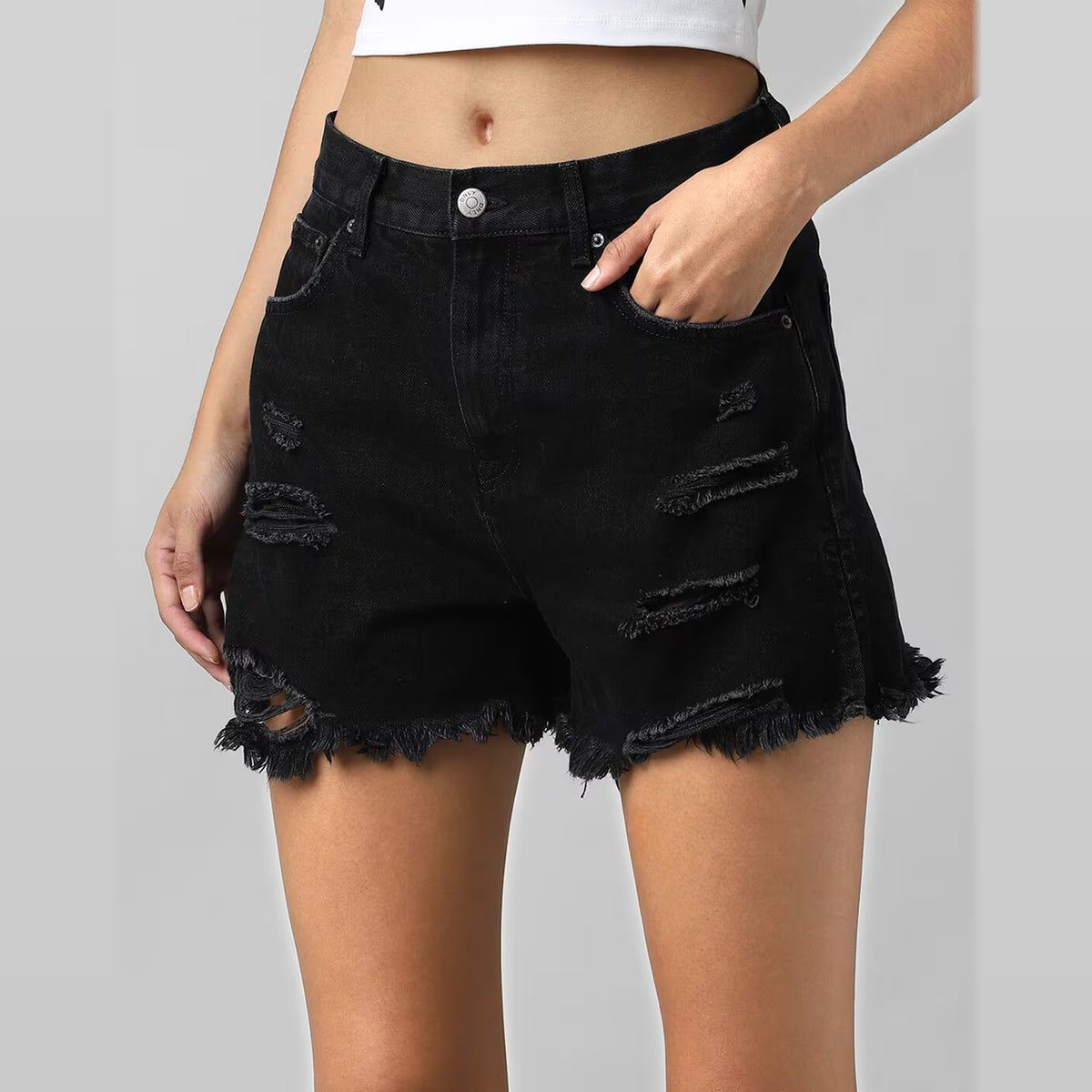 Women's Black High Waisted Ripped Denim Shorts – Distressed Frayed Hem Mom Jean Shorts – Casual Summer Streetwear – Size S