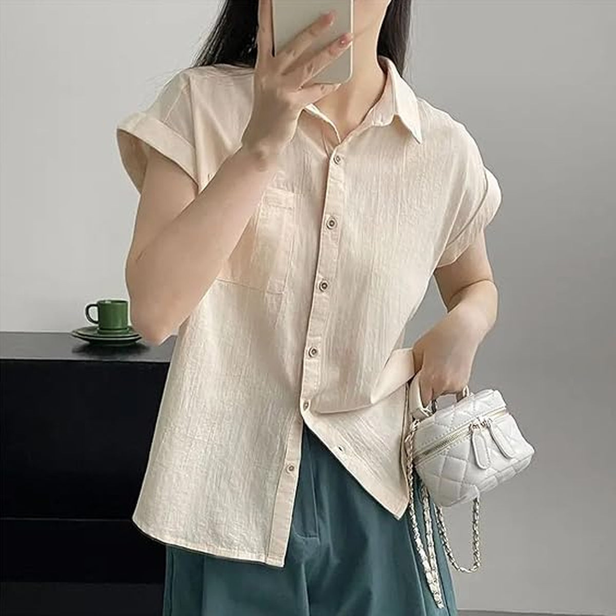 Women's Beige Short Sleeve Button-Up Shirt – Cotton Linen Textured Casual Blouse with Chest Pocket & Cuffed Sleeves – Relaxed Fit Summer Top – Size M