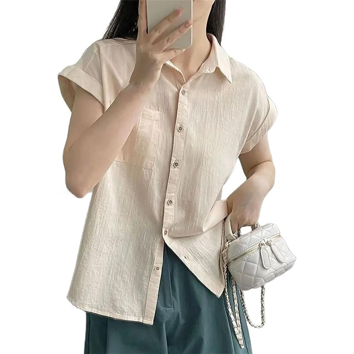 Women's Beige Short Sleeve Button-Up Shirt – Cotton Linen Textured Casual Blouse with Chest Pocket & Cuffed Sleeves – Relaxed Fit Summer Top – Size M