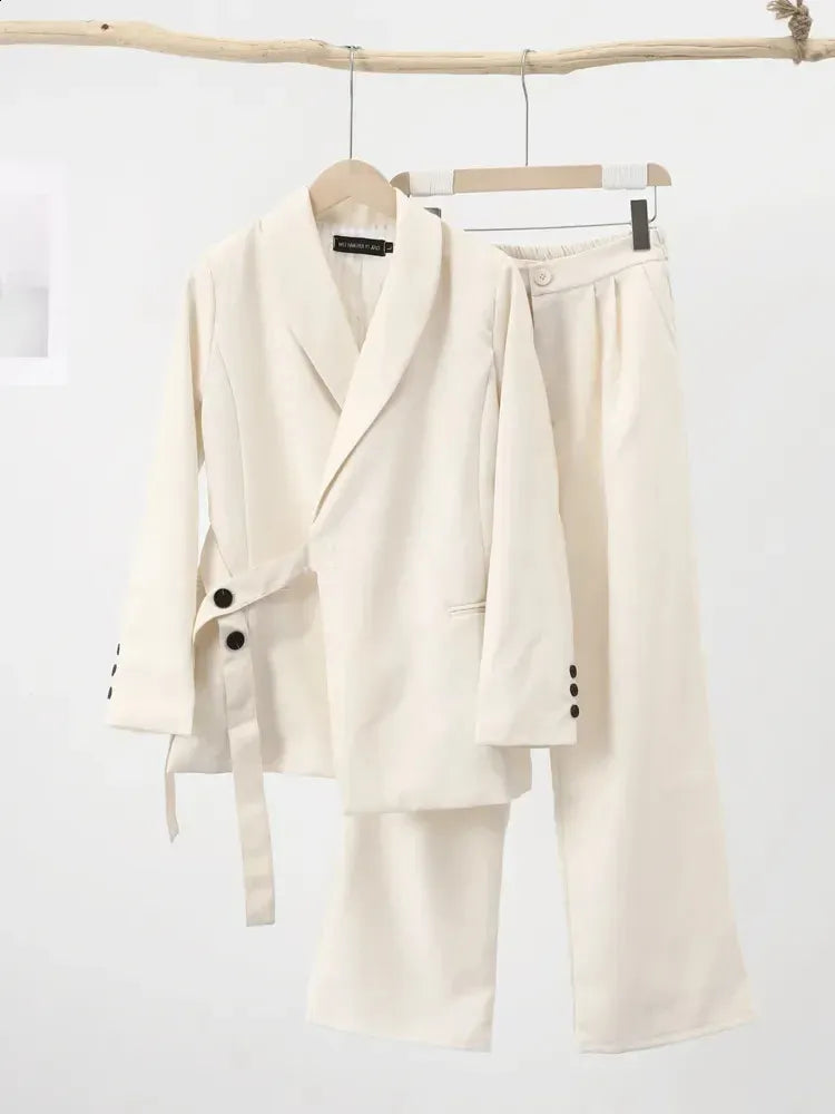 Office Lady Blazer Belt Pant Suits Womens Pantsuit Korean Version Notched Baggy Pants Autumn Elegant Euality Chic Women Outfit 240809