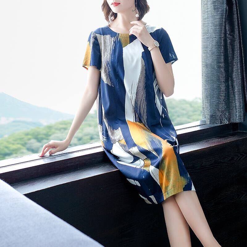 New Women Summer Faux Silk Loose Casual Dress Elegant Office Lady Plus Size O-Neck Dresses Female Vintage