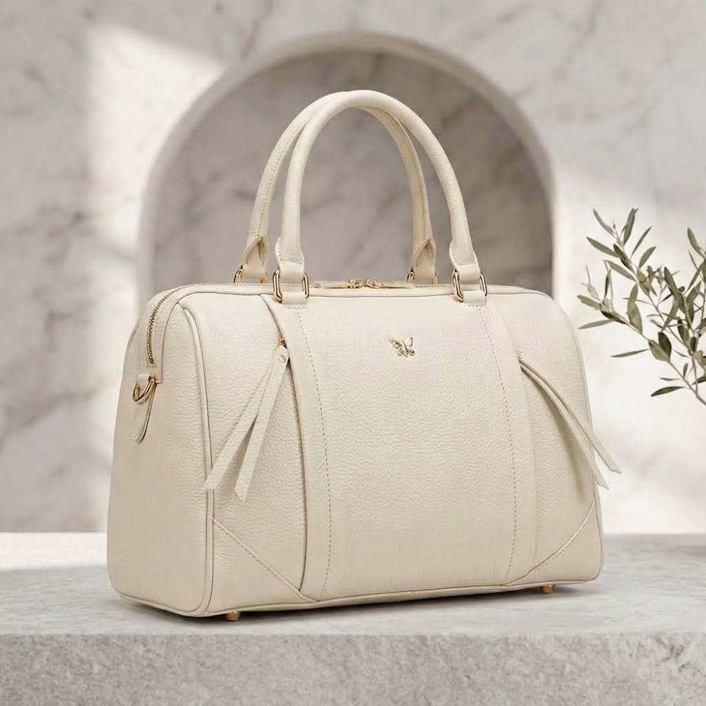 Ora Delphine Crossbody Pebbled Leather Top Handles Handbag Purse in white and brown