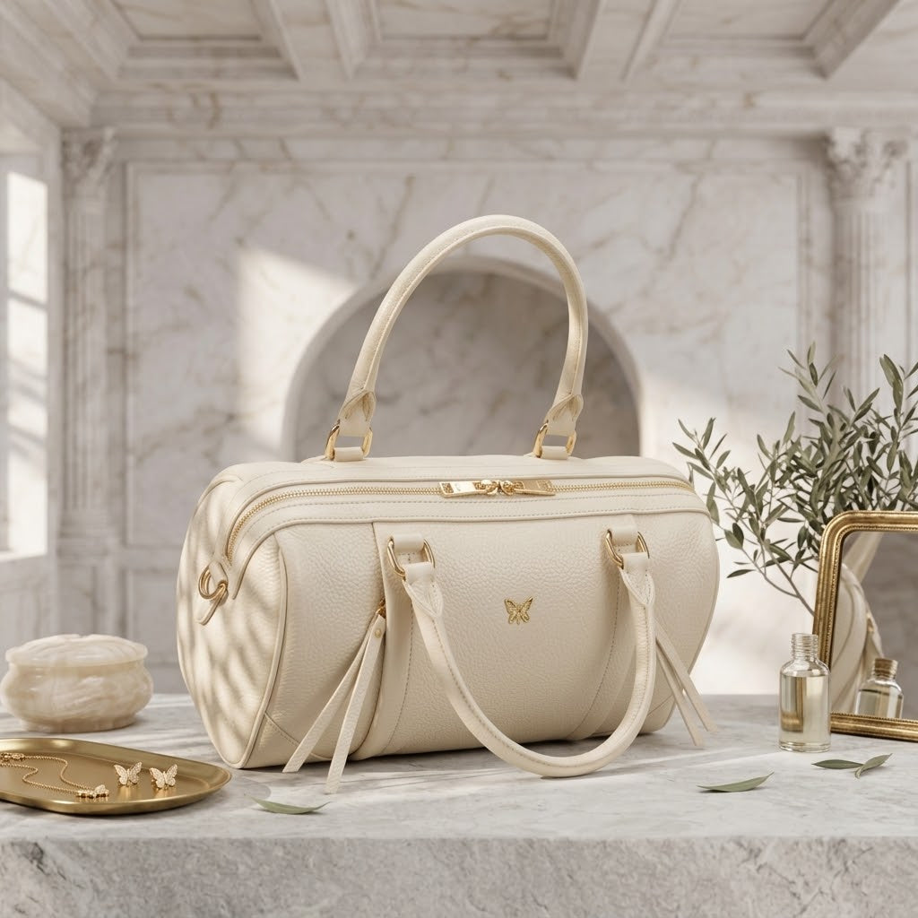 Ora Delphine Crossbody Pebbled Leather Top Handles Handbag Purse in white and brown