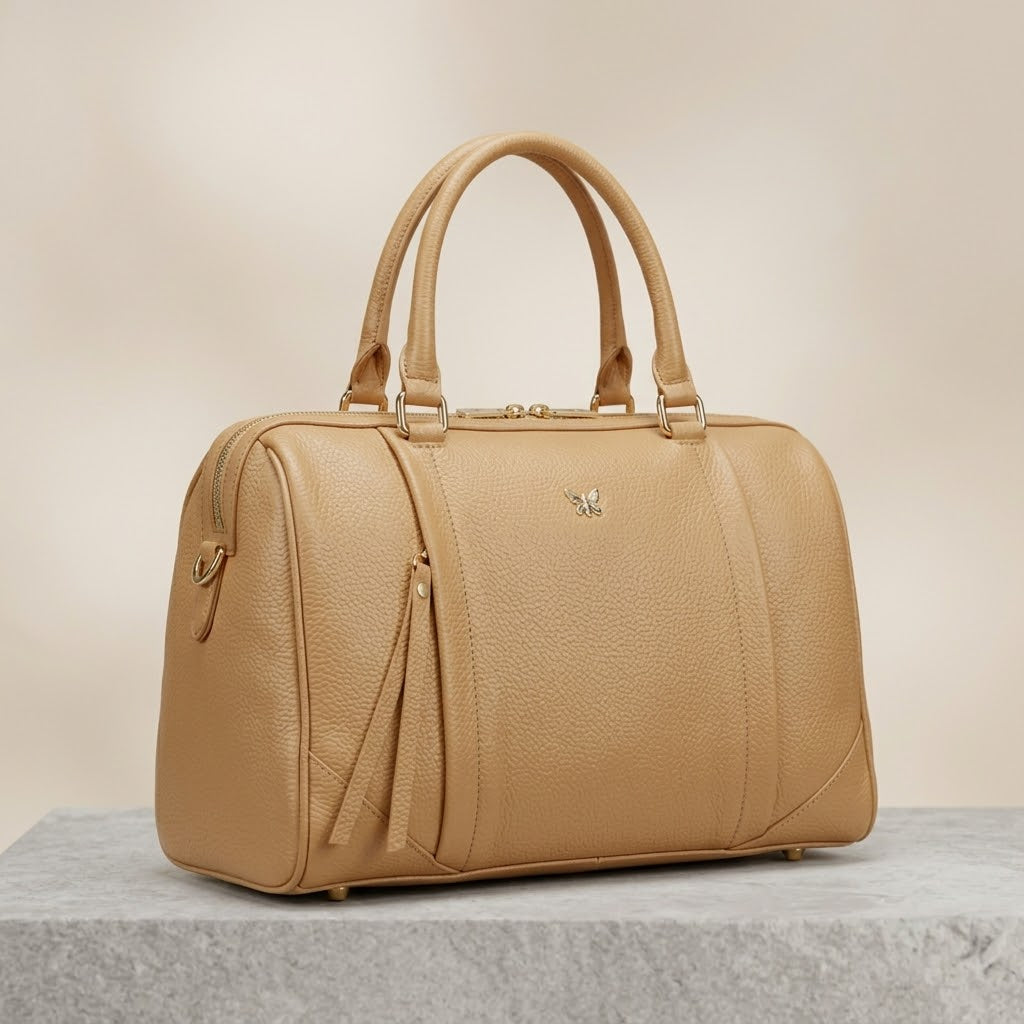 Ora Delphine Crossbody Pebbled Leather Top Handles Handbag Purse in white and brown