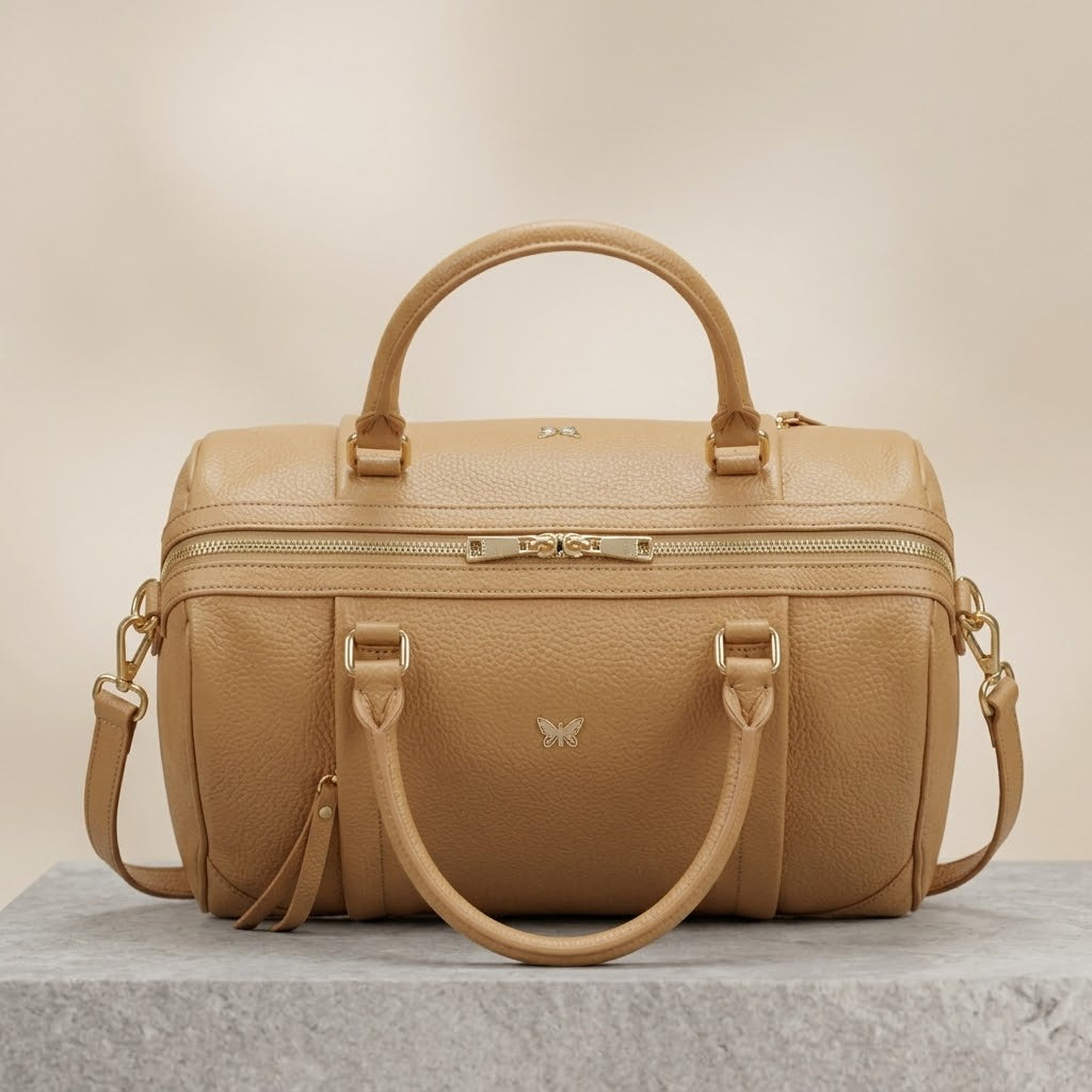 Ora Delphine Crossbody Pebbled Leather Top Handles Handbag Purse in white and brown