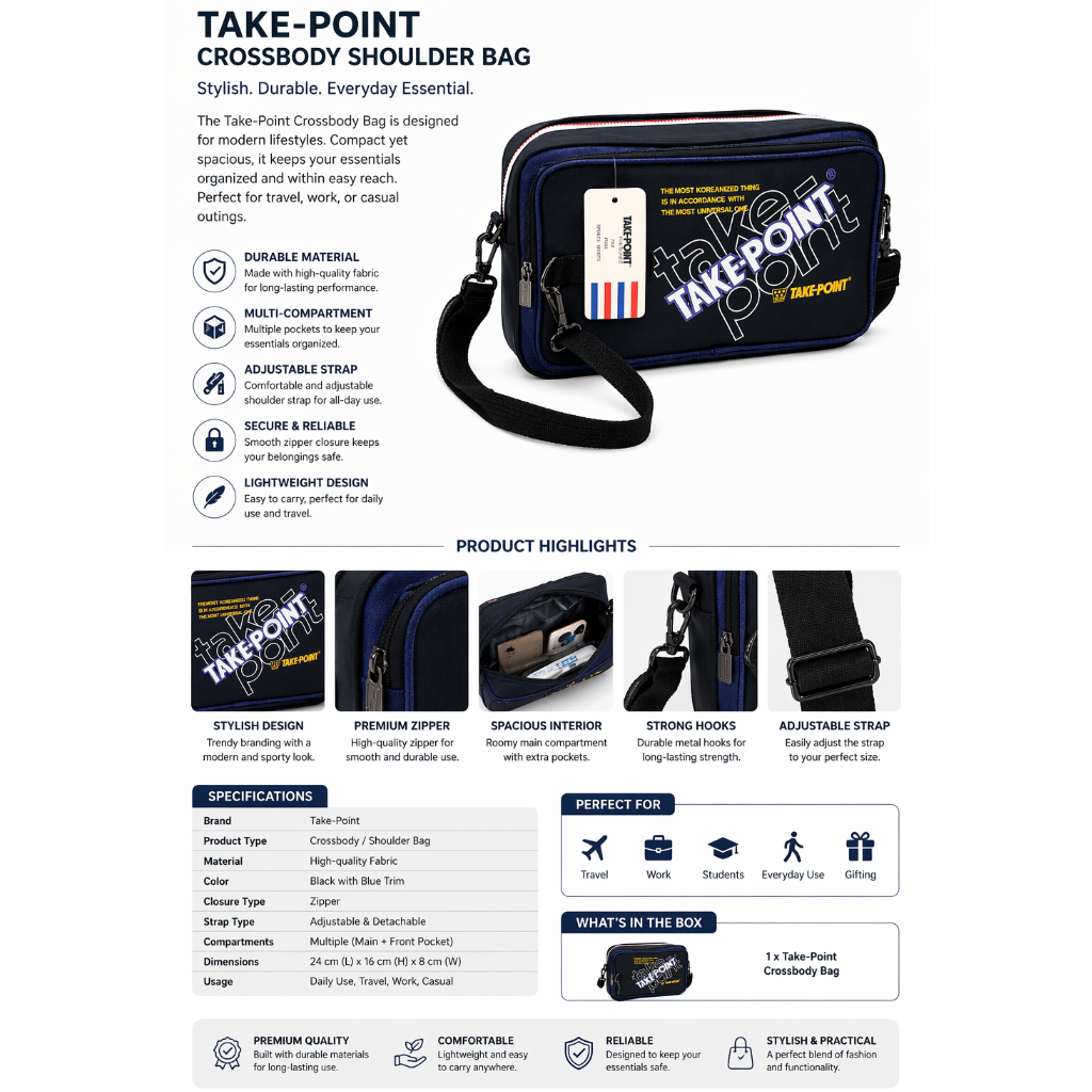 TAKE-POINT Multi-Functional Crossbody Bag for Men & Women – Stylish Travel Sling Bag with Multiple Compartments, Adjustable Strap & Durable Design