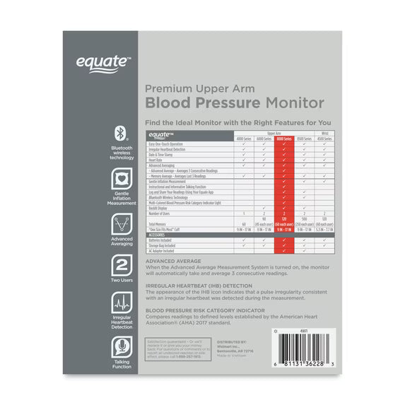 Equate Premium Upper Arm Blood Pressure Monitor and Wide Range Arm Cuff with Bluetooth Wireless Technology, Voice Readout Technology and Irregular Hearbeat Detection