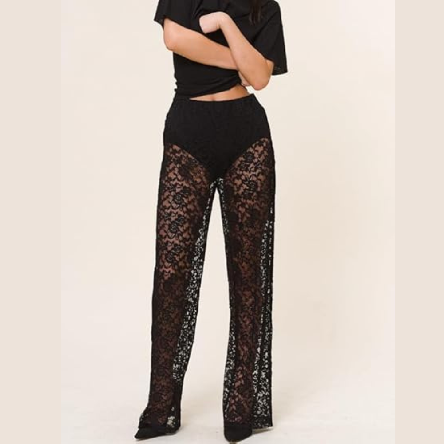 Women Lace Tiered Frill Trousers Mesh See Through Ruffle Layered Pants Low Waist Jacquard Lace Wide Leg Trousers