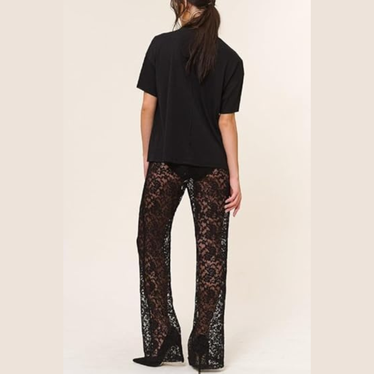 Women Lace Tiered Frill Trousers Mesh See Through Ruffle Layered Pants Low Waist Jacquard Lace Wide Leg Trousers