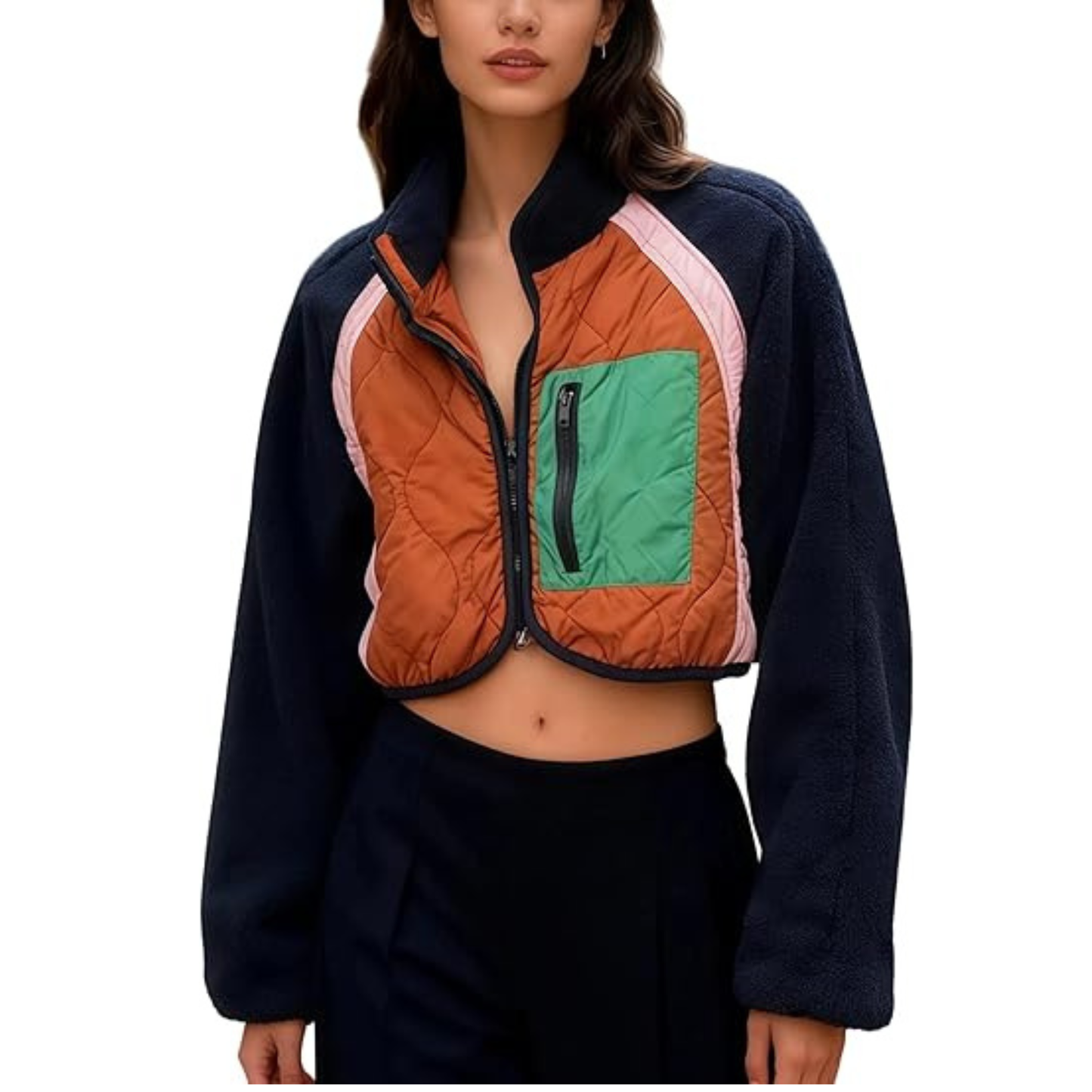 Womens Fuzzy Fleece Jacket Cropped Zip Up Long Sleeve Casual Outwear Warm Winter Patchwork Jackets