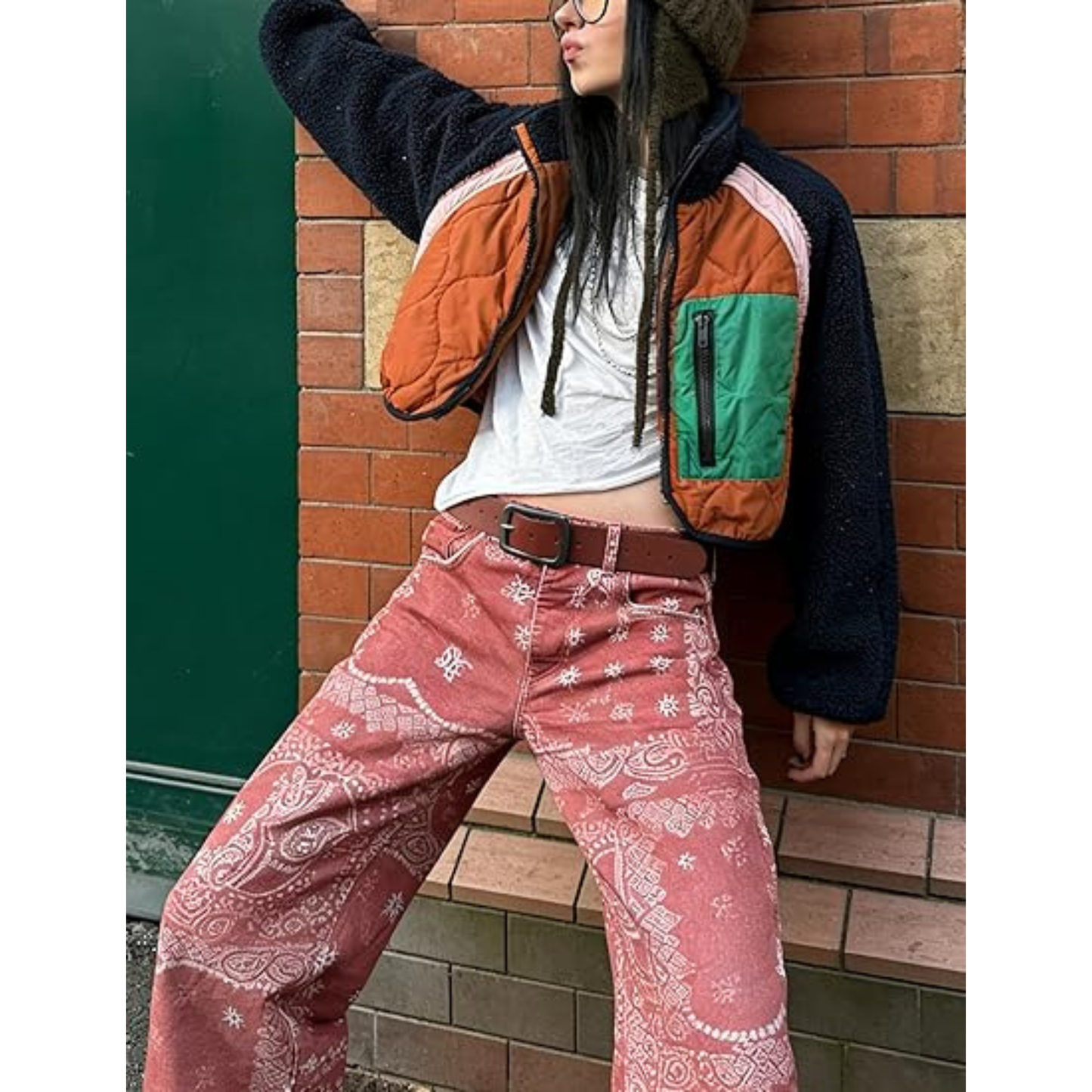 Womens Fuzzy Fleece Jacket Cropped Zip Up Long Sleeve Casual Outwear Warm Winter Patchwork Jackets