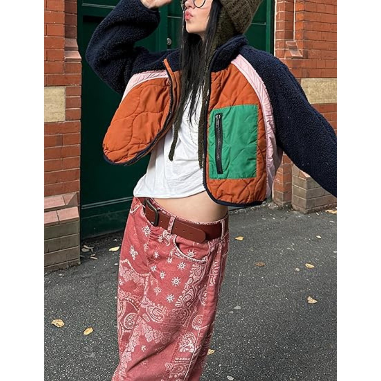 Womens Fuzzy Fleece Jacket Cropped Zip Up Long Sleeve Casual Outwear Warm Winter Patchwork Jackets