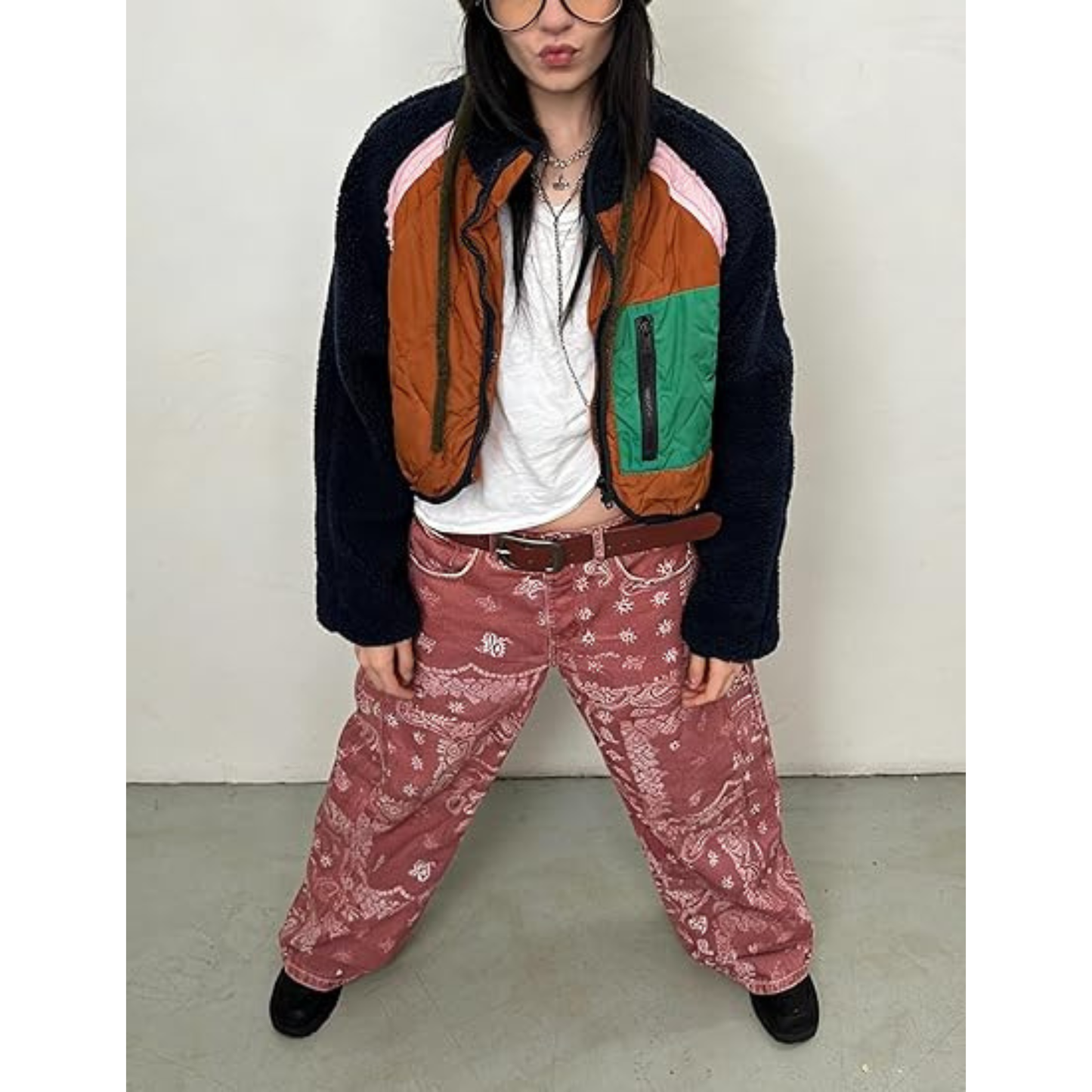 Womens Fuzzy Fleece Jacket Cropped Zip Up Long Sleeve Casual Outwear Warm Winter Patchwork Jackets