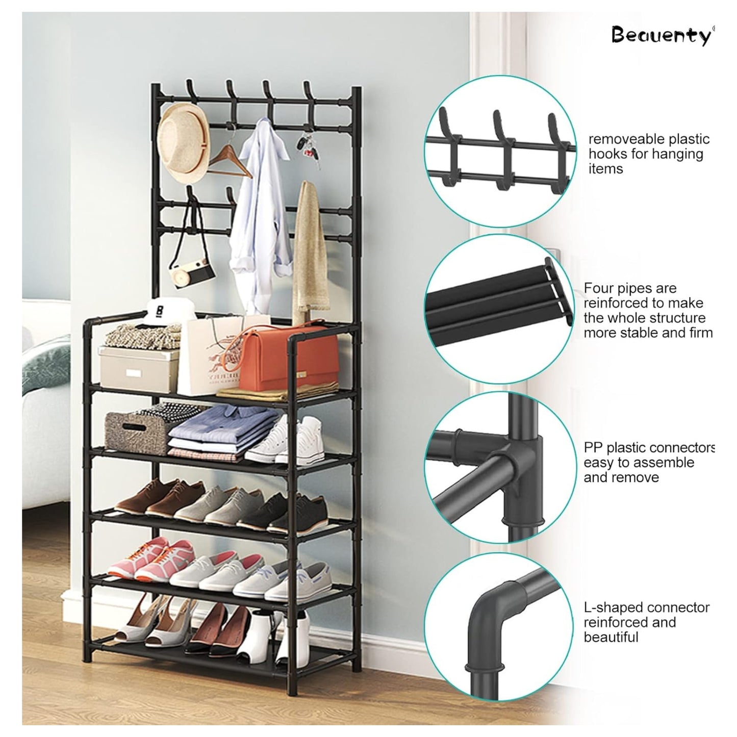 Multifunctional Shoe and Hat Rack - Hall Tree,Freestanding Shoe Rack, Coat Hat Umbrella Rack,Storage Shelves,Entryway Coat Rack,Organizer Closet for Bedroom,Cloakroom (5 Tier, Black)
