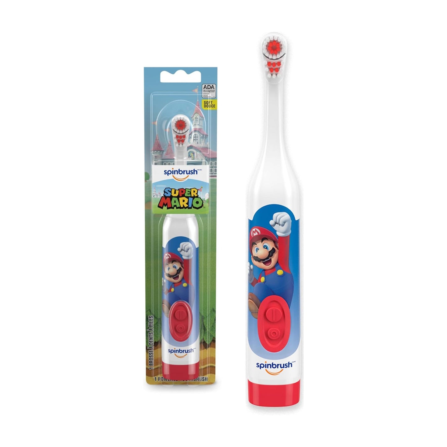 Spinbrush™ Kids Electric Toothbrush, Super Mario™ Battery Powered Electric Toothbrush for Children Ages 3+ with 1 AA Battery, Soft Head Bristles, Leakproof SoftSwitch, Ready-to-Use