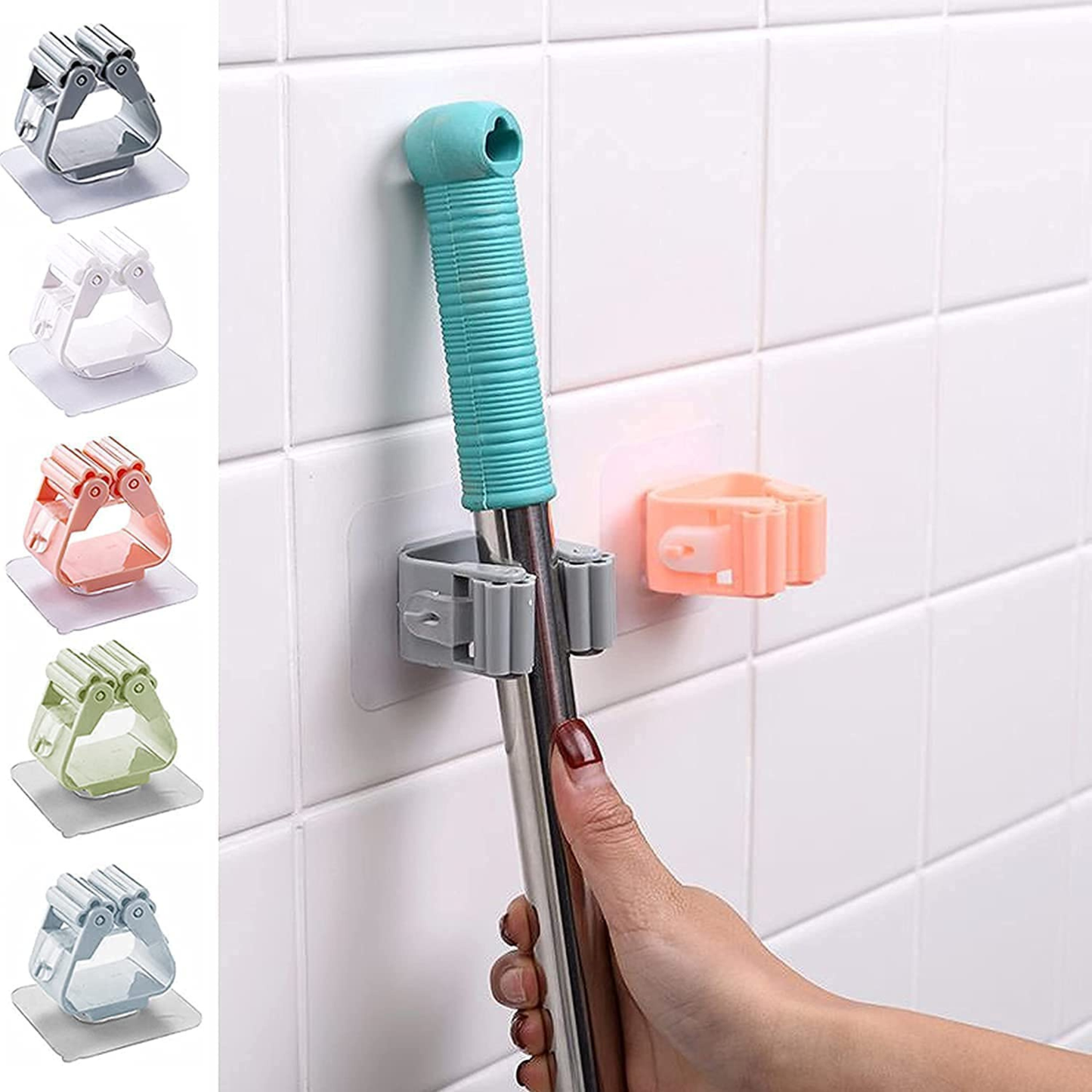 Mop & Broom Holder Wall Mounted, Magic Sticker Series Self Adhesive Broom Organizer Multipurpose Tools Storage Hanging Clip for Kitchen, Bathroom, Laundry Room, 4 PCS, Random Color.