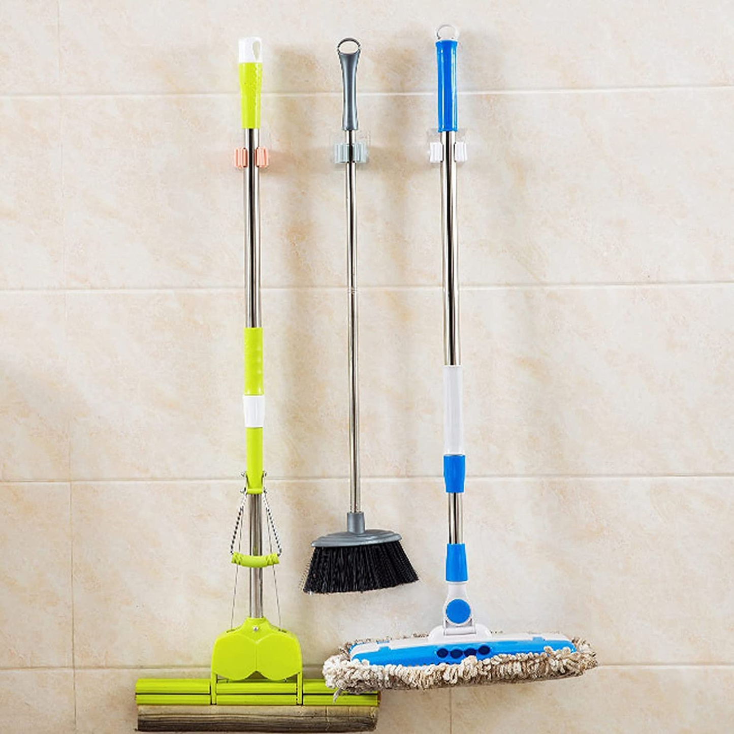 Mop & Broom Holder Wall Mounted, Magic Sticker Series Self Adhesive Broom Organizer Multipurpose Tools Storage Hanging Clip for Kitchen, Bathroom, Laundry Room, 4 PCS, Random Color.